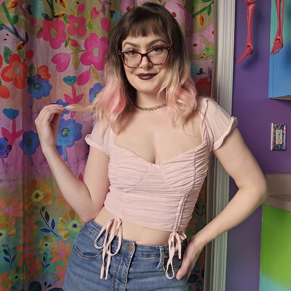 O. VIANCA Pastel Pink Ruched Whimsical Fairycore Crop Top